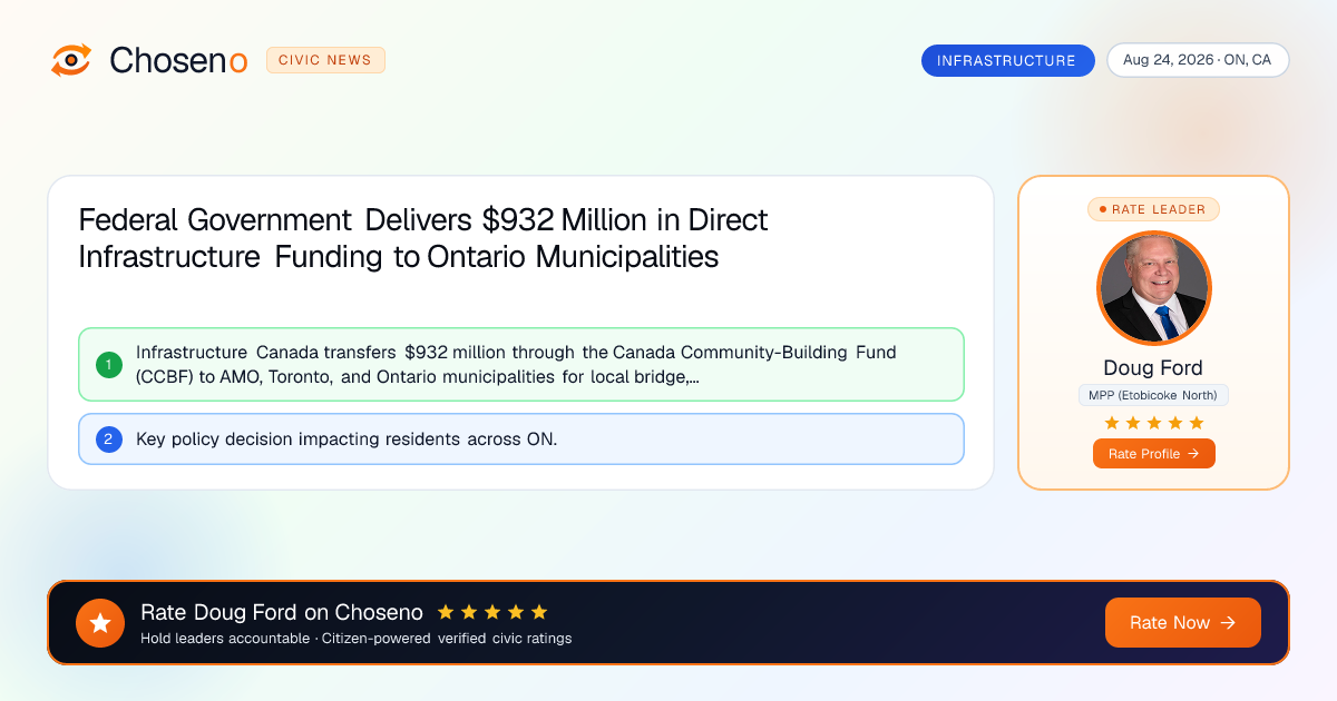 Visual summary for Federal Government Delivers $932 Million in Direct Infrastructure Funding to Ontario Municipalities