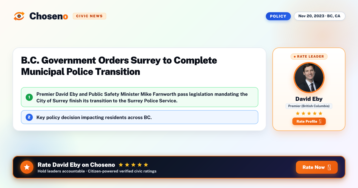 B.C. Government Orders Surrey to Complete Municipal Police Transition