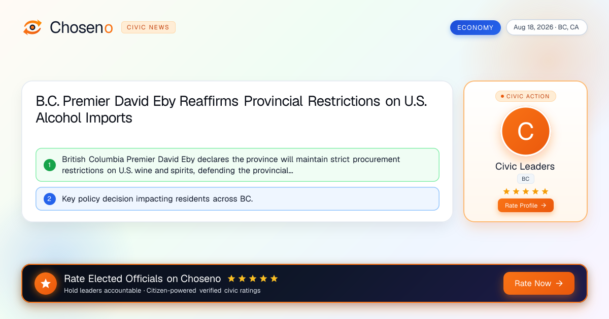 Visual summary for B.C. Premier David Eby Reaffirms Provincial Restrictions on U.S. Alcohol Imports