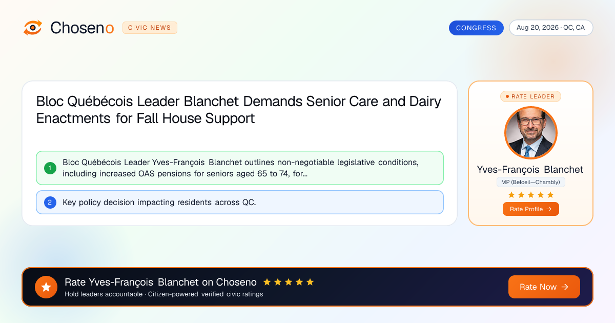 Bloc Québécois Leader Blanchet Demands Senior Care and Dairy Enactments for Fall House Support