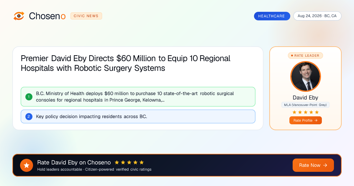 Premier David Eby Directs $60 Million to Equip 10 Regional Hospitals with Robotic Surgery Systems