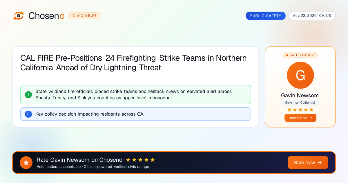 CAL FIRE Pre-Positions 24 Firefighting Strike Teams in Northern California Ahead of Dry Lightning Threat