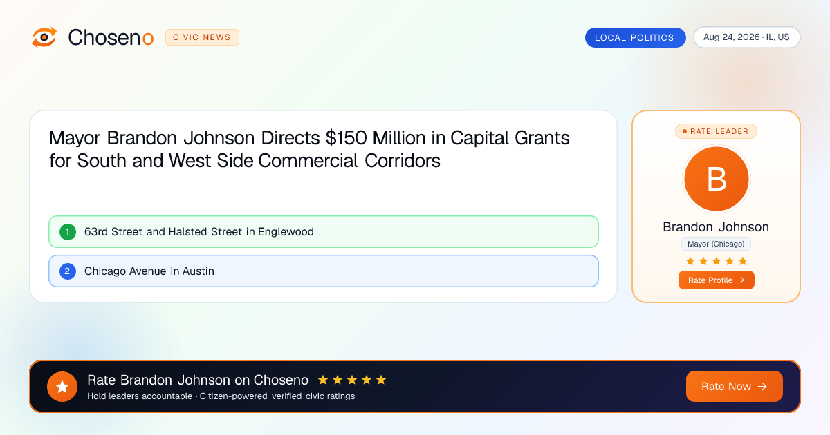 Visual summary for Mayor Brandon Johnson Directs $150 Million in Capital Grants for South and West Side Commercial Corridors