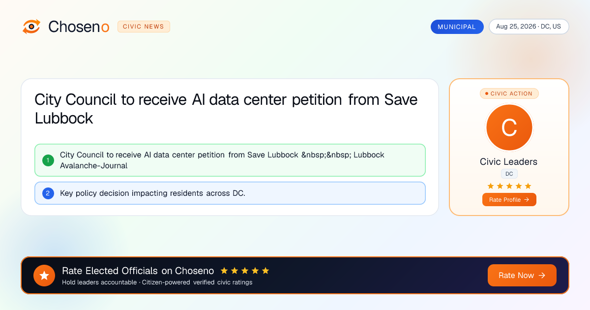 Visual summary for City Council to receive AI data center petition from Save Lubbock
