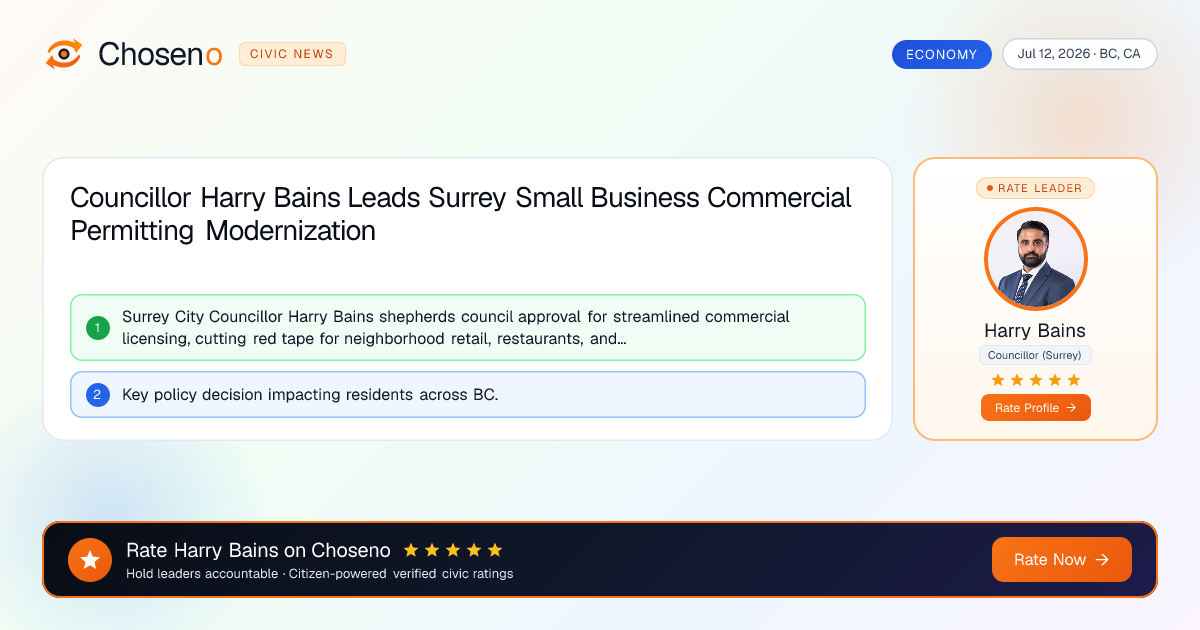 Visual summary for Councillor Harry Bains Leads Surrey Small Business Commercial Permitting Modernization