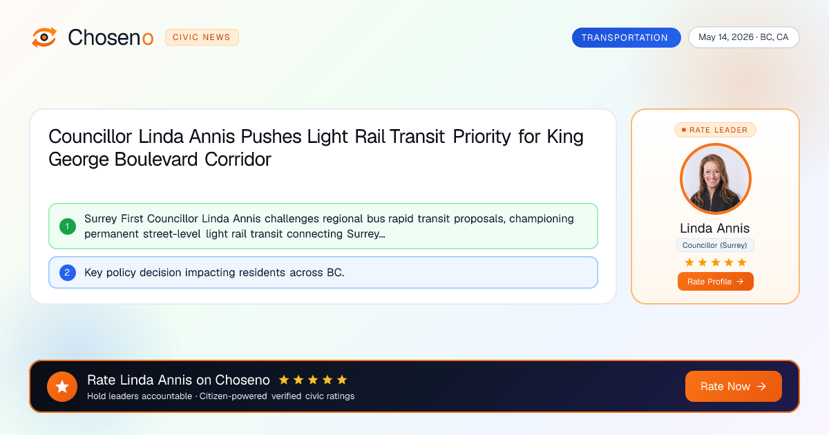 Visual summary for Councillor Linda Annis Pushes Light Rail Transit Priority for King George Boulevard Corridor