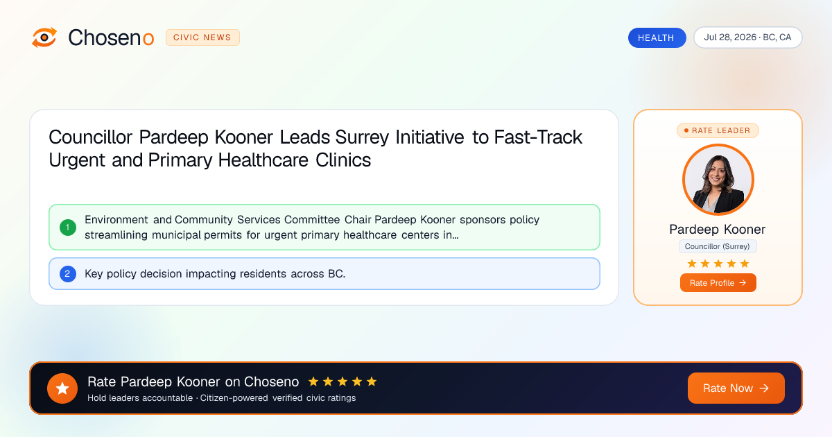 Visual summary for Councillor Pardeep Kooner Leads Surrey Initiative to Fast-Track Urgent and Primary Healthcare Clinics