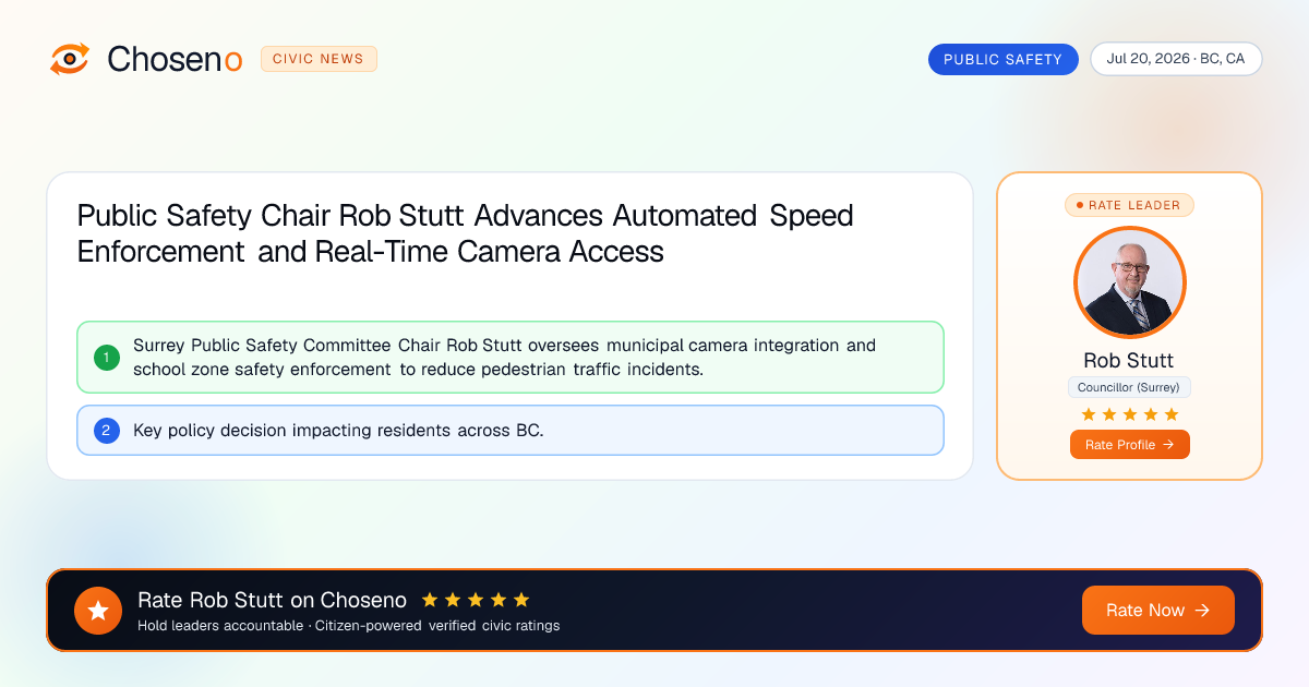Visual summary for Public Safety Chair Rob Stutt Advances Automated Speed Enforcement and Real-Time Camera Access