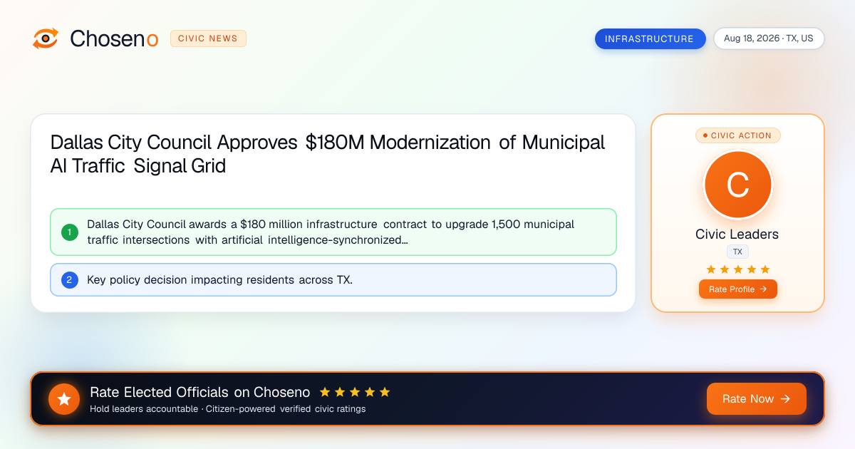 Visual summary for Dallas City Council Approves $180M Modernization of Municipal AI Traffic Signal Grid