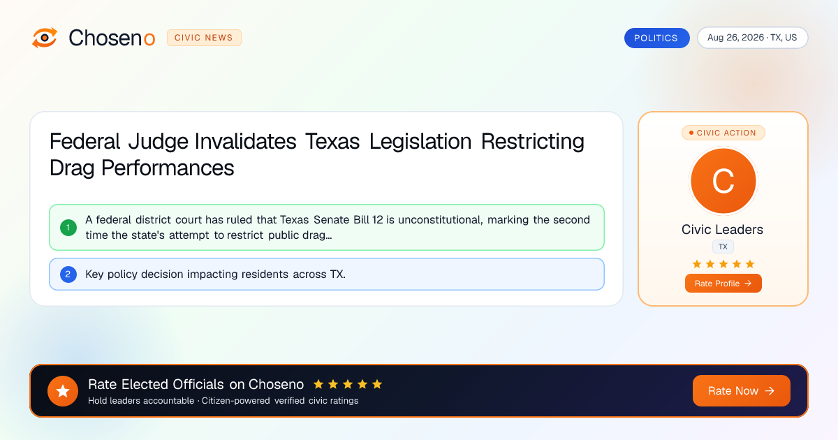 Visual summary for Federal Judge Invalidates Texas Legislation Restricting Drag Performances