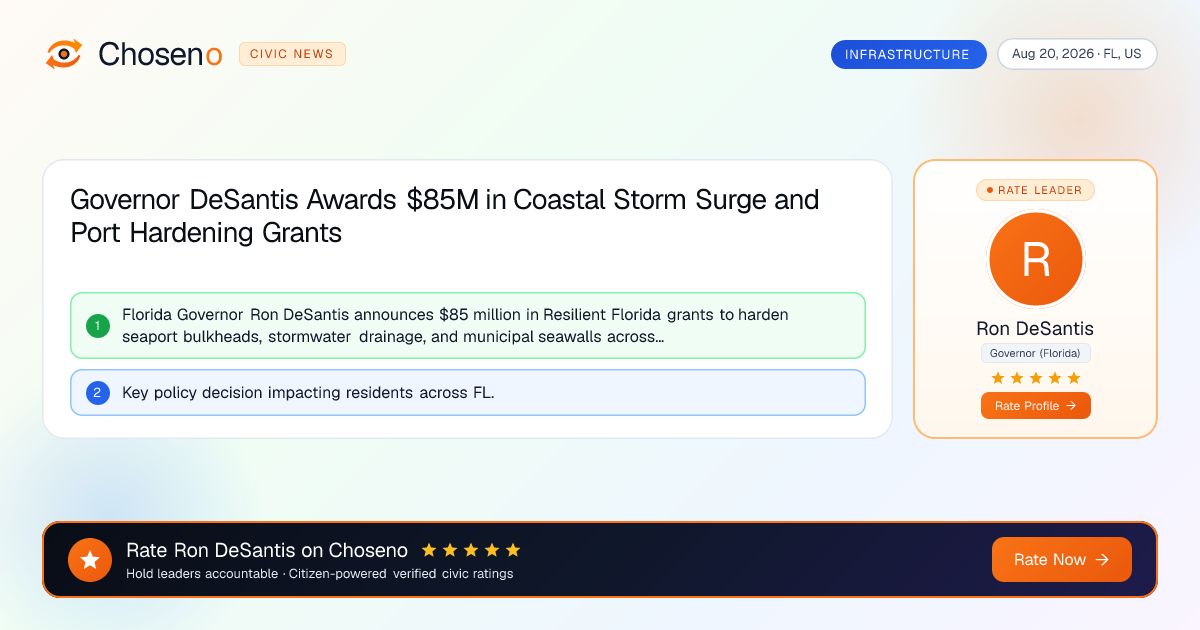 Visual summary for Governor DeSantis Awards $85M in Coastal Storm Surge and Port Hardening Grants