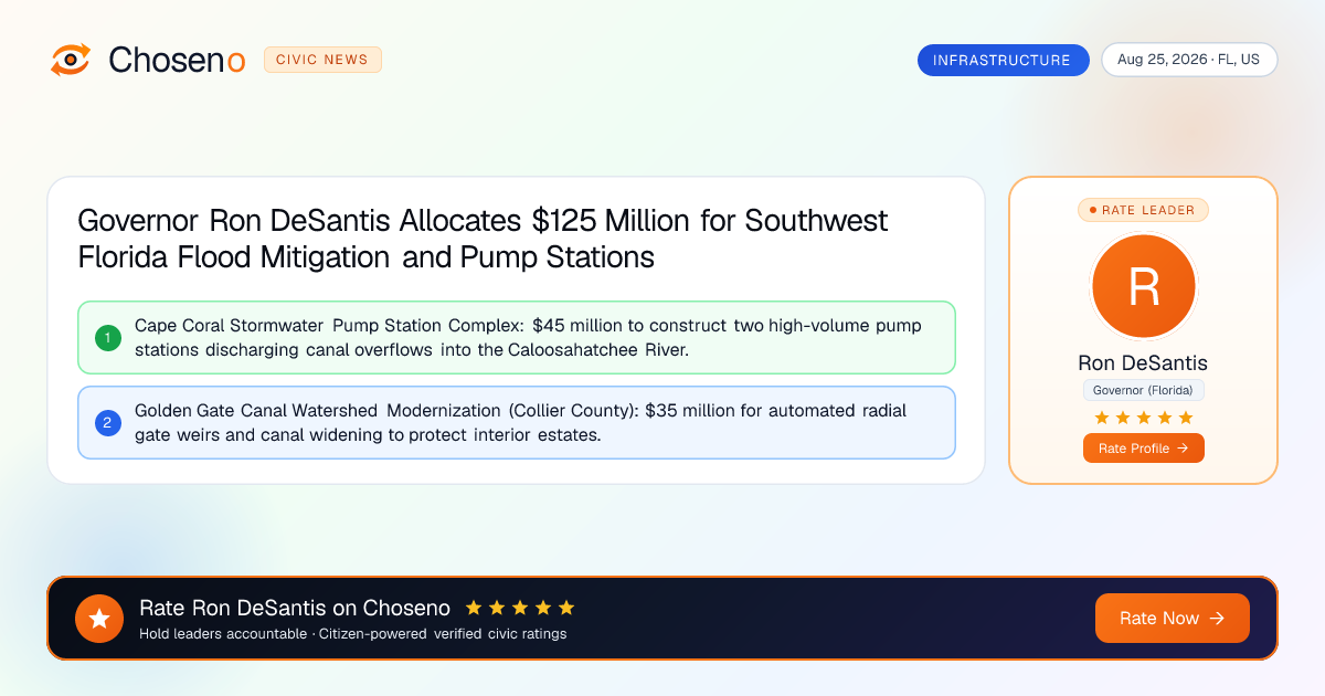 Visual summary for Governor Ron DeSantis Allocates $125 Million for Southwest Florida Flood Mitigation and Pump Stations