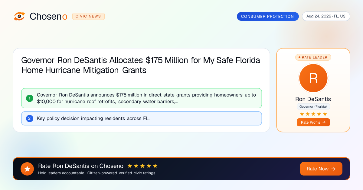 Visual summary for Governor Ron DeSantis Allocates $175 Million for My Safe Florida Home Hurricane Mitigation Grants