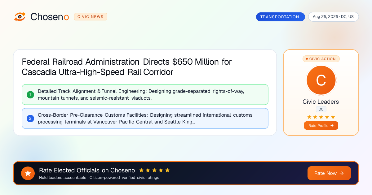 Visual summary for Federal Railroad Administration Directs $650 Million for Cascadia Ultra-High-Speed Rail Corridor