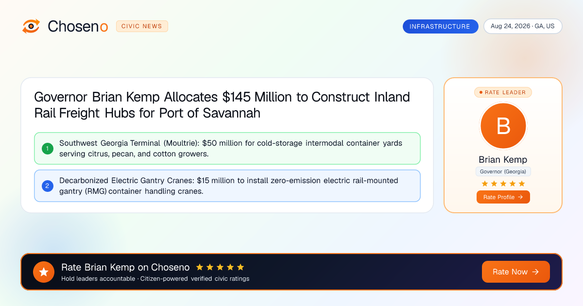 Governor Brian Kemp Allocates $145 Million to Construct Inland Rail Freight Hubs for Port of Savannah