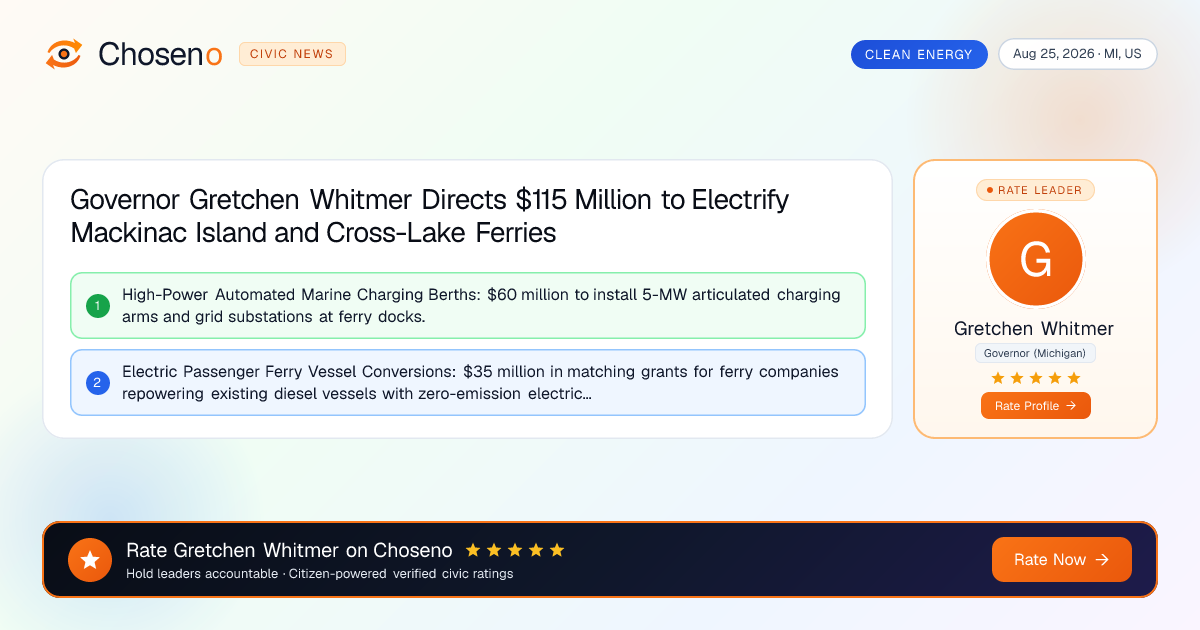 Governor Gretchen Whitmer Directs $115 Million to Electrify Mackinac Island and Cross-Lake Ferries
