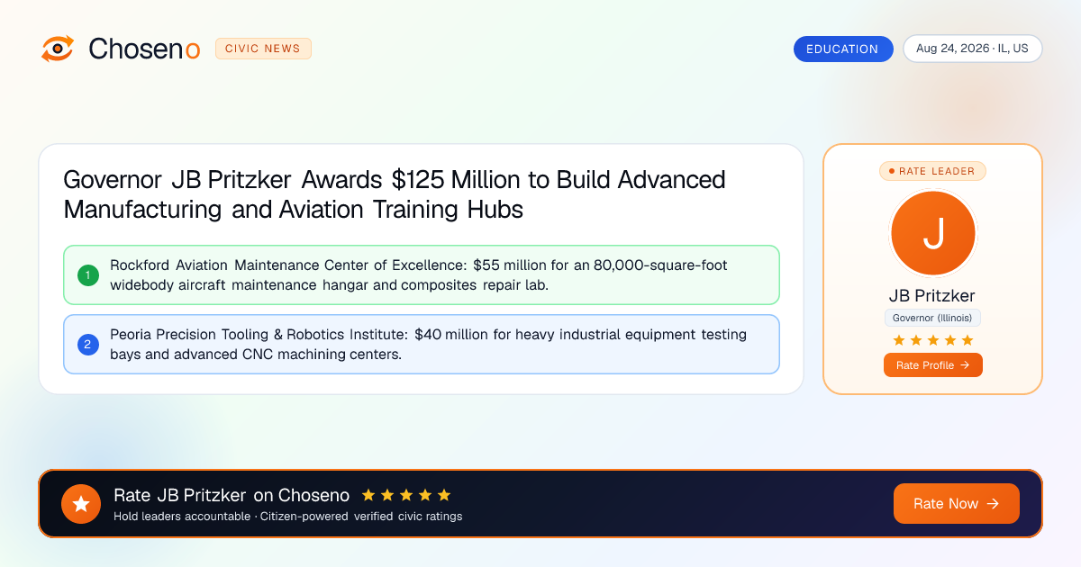 Visual summary for Governor JB Pritzker Awards $125 Million to Build Advanced Manufacturing and Aviation Training Hubs
