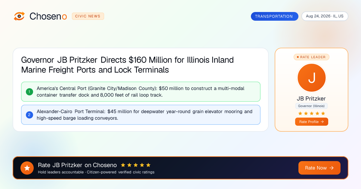 Visual summary for Governor JB Pritzker Directs $160 Million for Illinois Inland Marine Freight Ports and Lock Terminals