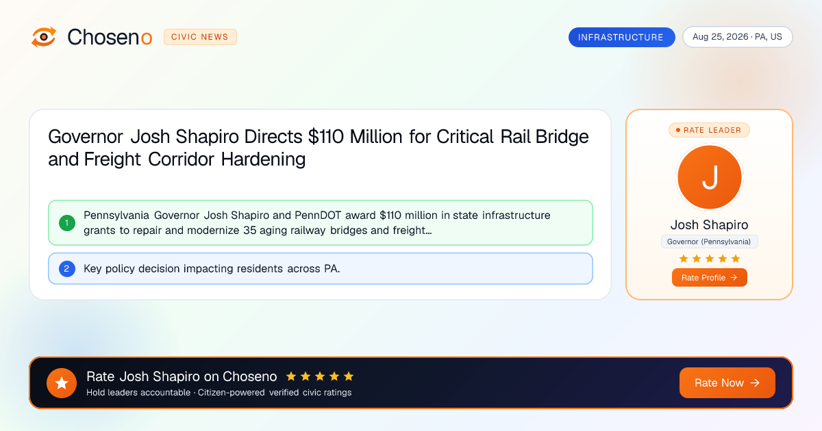 Governor Josh Shapiro Directs $110 Million for Critical Rail Bridge and Freight Corridor Hardening