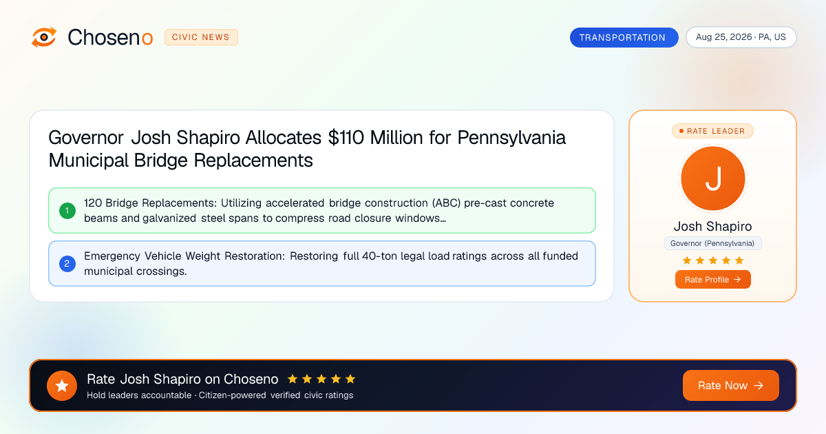 Governor Josh Shapiro Allocates $110 Million for Pennsylvania Municipal Bridge Replacements