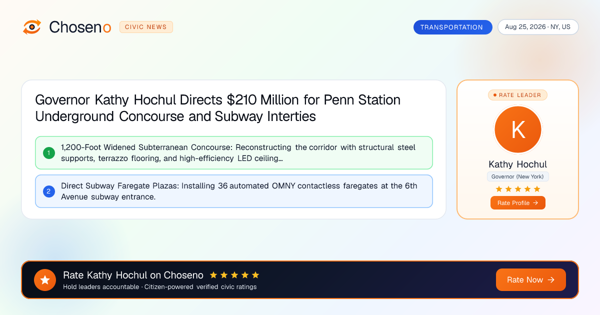 Visual summary for Governor Kathy Hochul Directs $210 Million for Penn Station Underground Concourse and Subway Interties