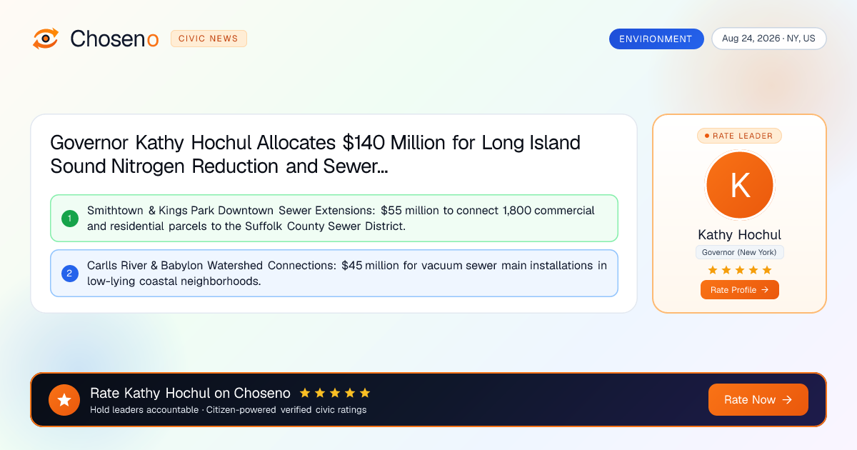 Governor Kathy Hochul Allocates $140 Million for Long Island Sound Nitrogen Reduction and Sewer Conversions