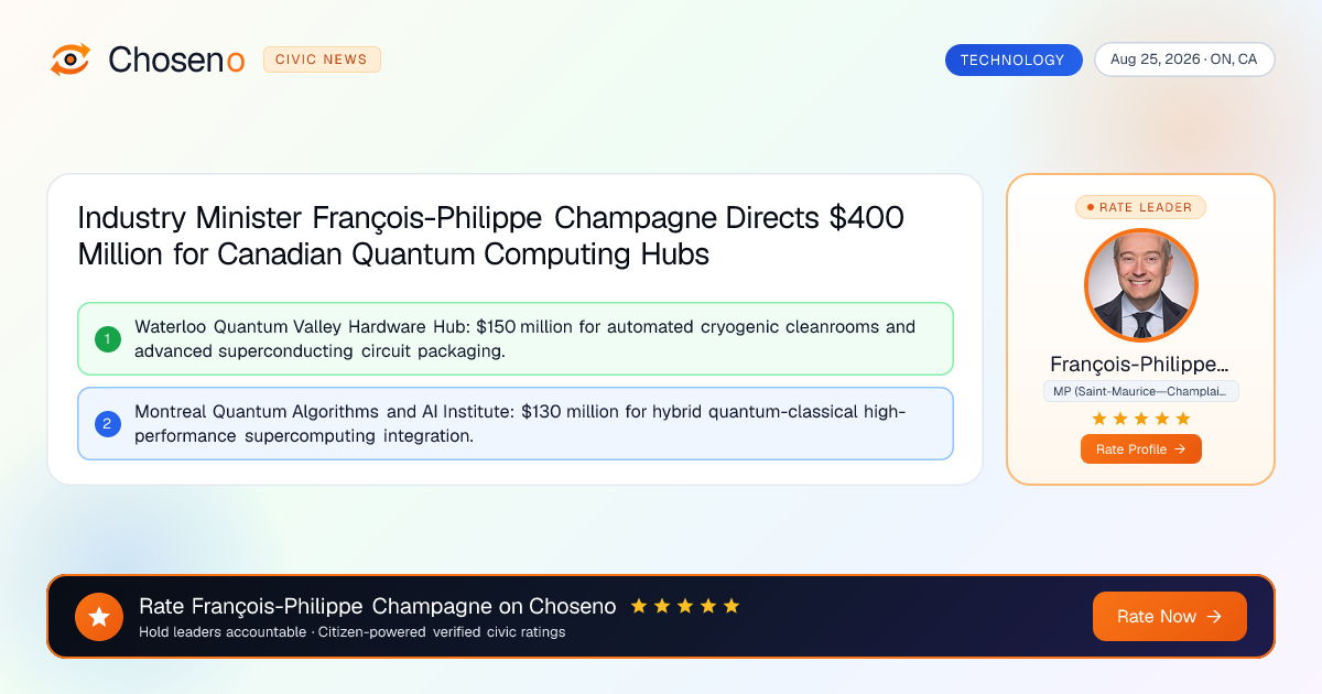 Industry Minister François-Philippe Champagne Directs $400 Million for Canadian Quantum Computing Hubs