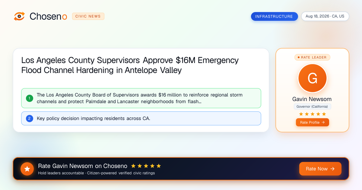 Visual summary for Los Angeles County Supervisors Approve $16M Emergency Flood Channel Hardening in Antelope Valley