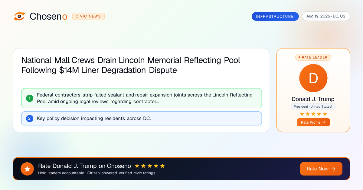 Visual summary for National Mall Crews Drain Lincoln Memorial Reflecting Pool Following $14M Liner Degradation Dispute