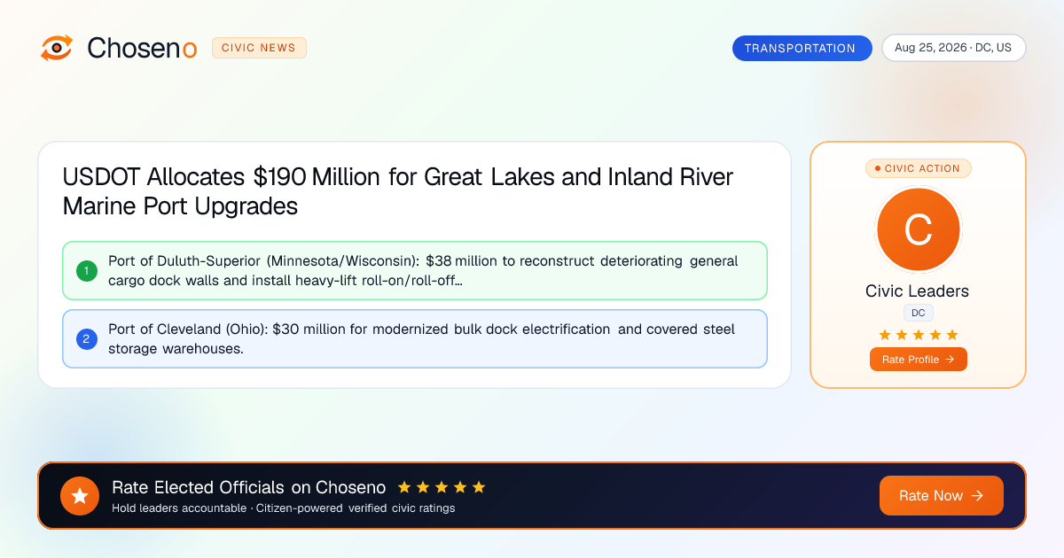 USDOT Allocates $190 Million for Great Lakes and Inland River Marine Port Upgrades