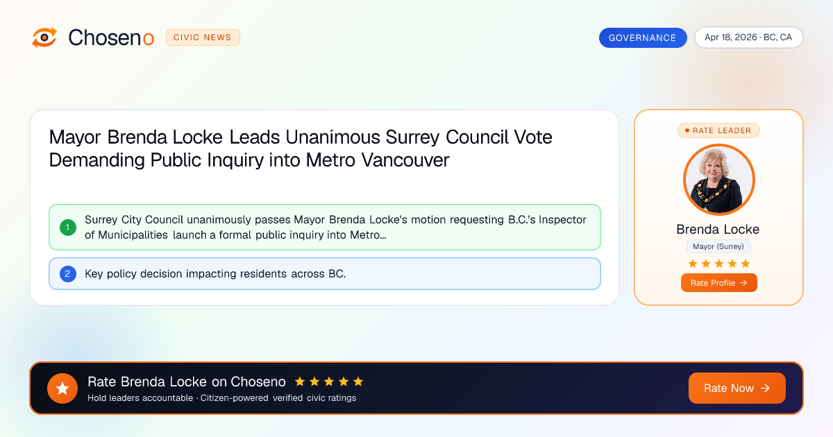 Visual summary for Mayor Brenda Locke Leads Unanimous Surrey Council Vote Demanding Public Inquiry into Metro Vancouver
