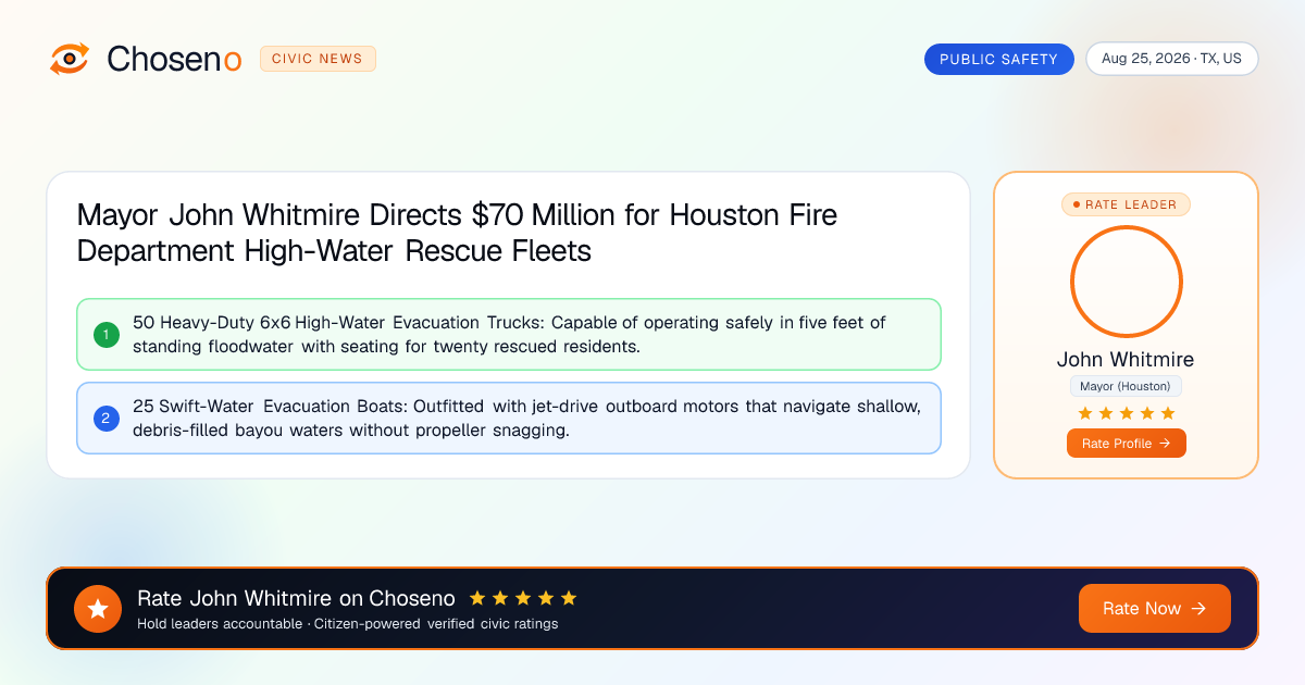 Mayor John Whitmire Directs $70 Million for Houston Fire Department High-Water Rescue Fleets
