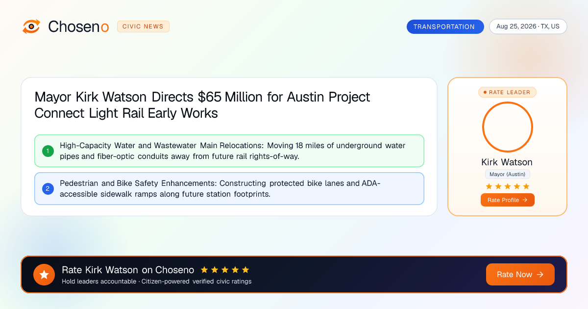 Mayor Kirk Watson Directs $65 Million for Austin Project Connect Light Rail Early Works
