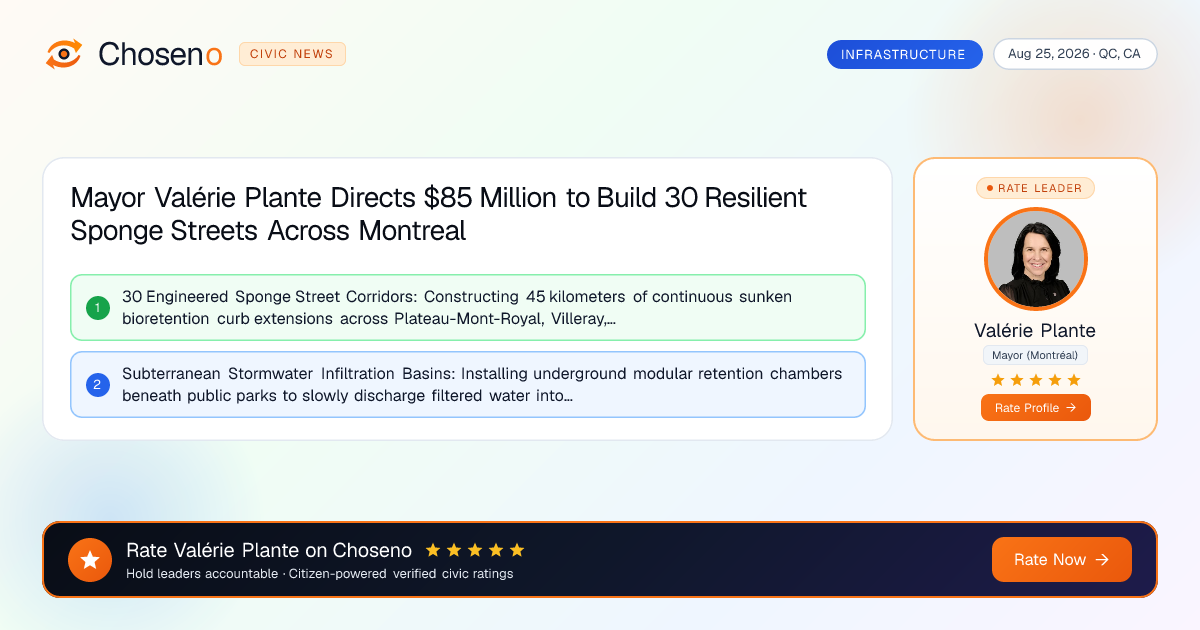 Visual summary for Mayor Valérie Plante Directs $85 Million to Build 30 Resilient Sponge Streets Across Montreal