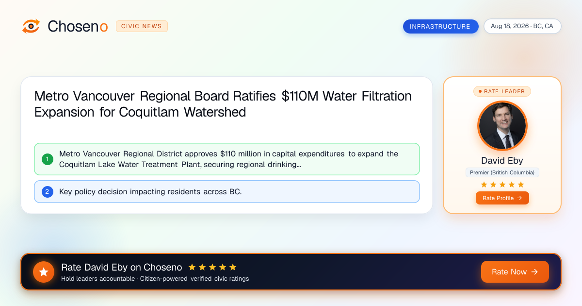 Visual summary for Metro Vancouver Regional Board Ratifies $110M Water Filtration Expansion for Coquitlam Watershed