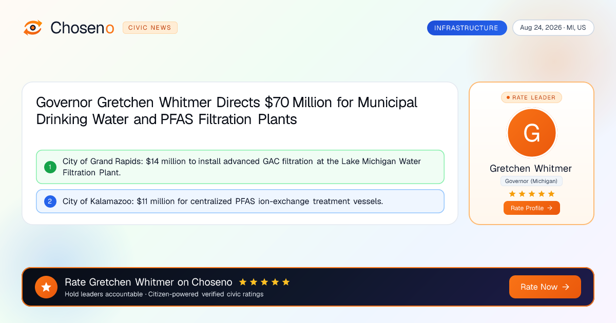 Governor Gretchen Whitmer Directs $70 Million for Municipal Drinking Water and PFAS Filtration Plants