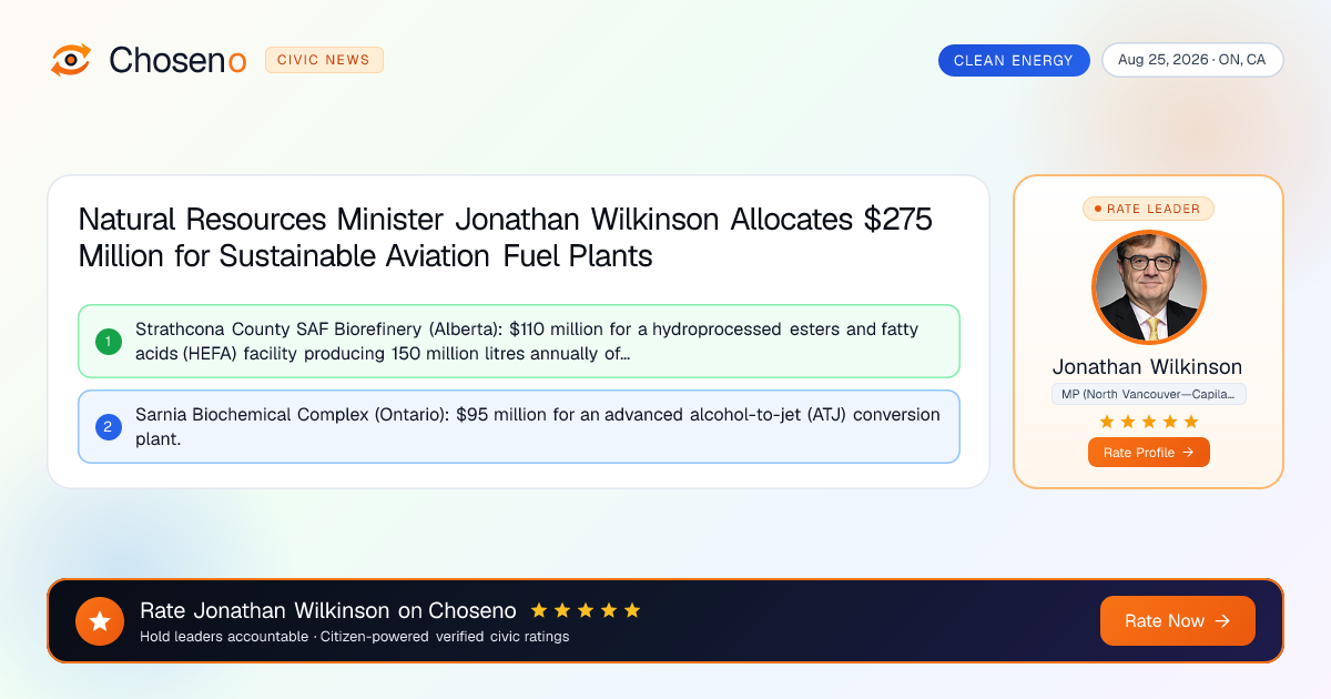 Natural Resources Minister Jonathan Wilkinson Allocates $275 Million for Sustainable Aviation Fuel Plants