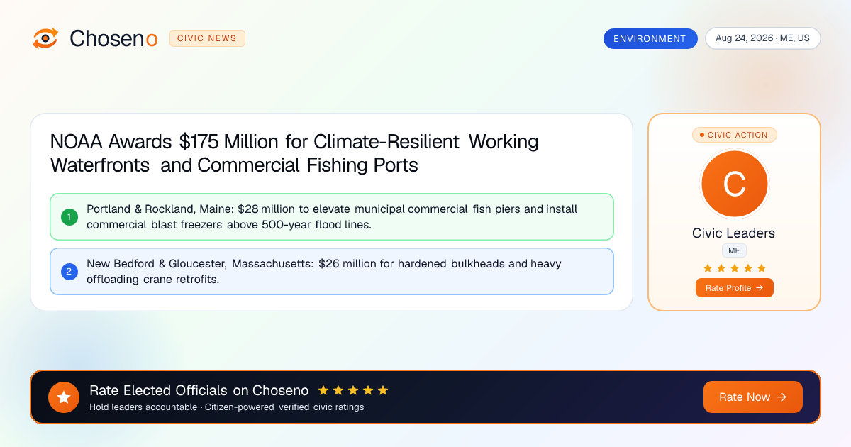 Visual summary for NOAA Awards $175 Million for Climate-Resilient Working Waterfronts and Commercial Fishing Ports