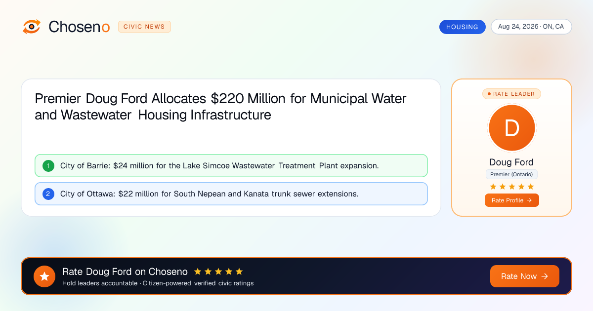 Visual summary for Premier Doug Ford Allocates $220 Million for Municipal Water and Wastewater Housing Infrastructure
