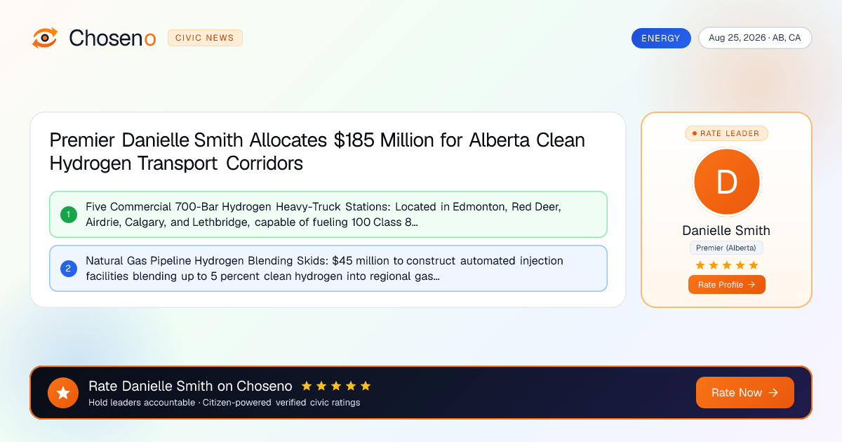 Premier Danielle Smith Allocates $185 Million for Alberta Clean Hydrogen Transport Corridors
