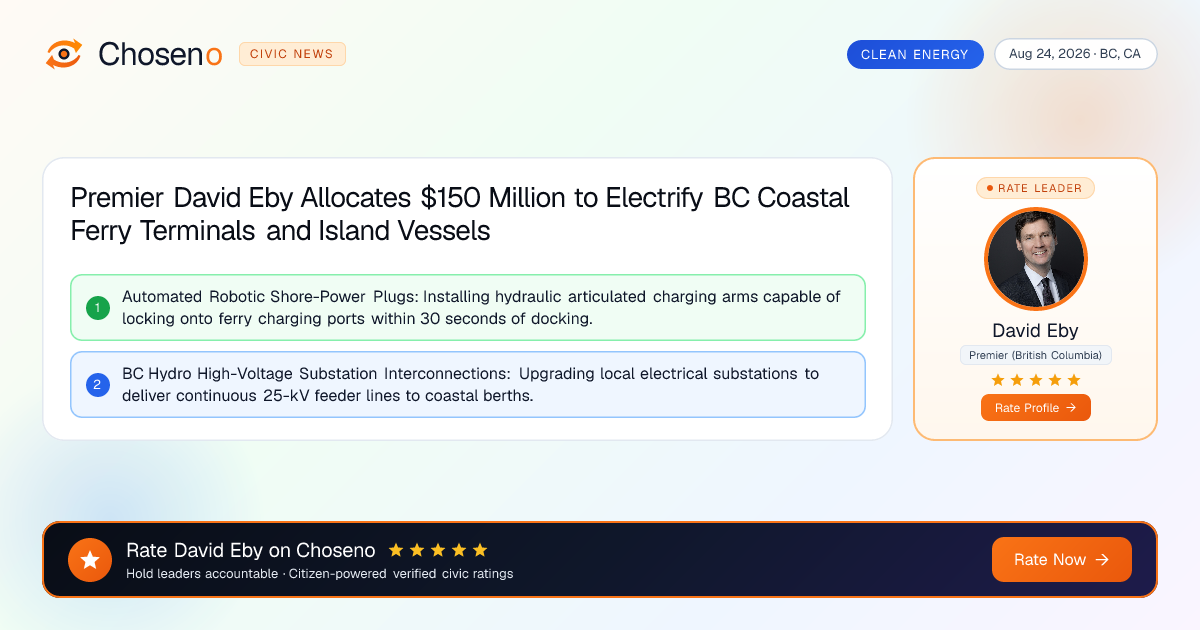 Premier David Eby Allocates $150 Million to Electrify BC Coastal Ferry Terminals and Island Vessels