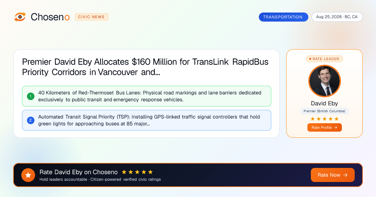 Premier David Eby Allocates $160 Million for TransLink RapidBus Priority Corridors in Vancouver and Surrey