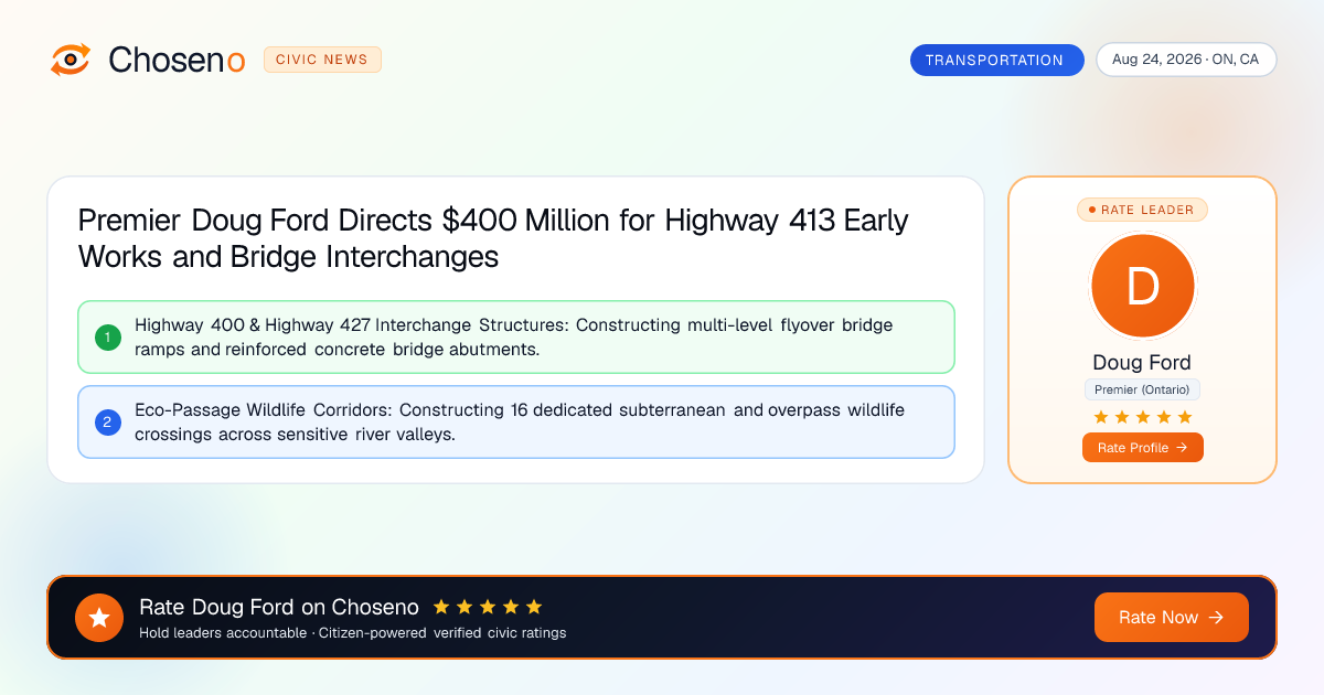 Premier Doug Ford Directs $400 Million for Highway 413 Early Works and Bridge Interchanges