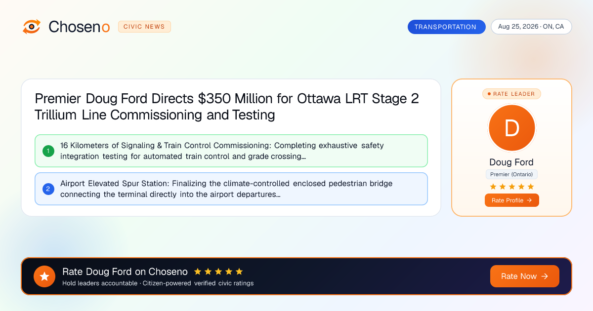 Premier Doug Ford Directs $350 Million for Ottawa LRT Stage 2 Trillium Line Commissioning and Testing