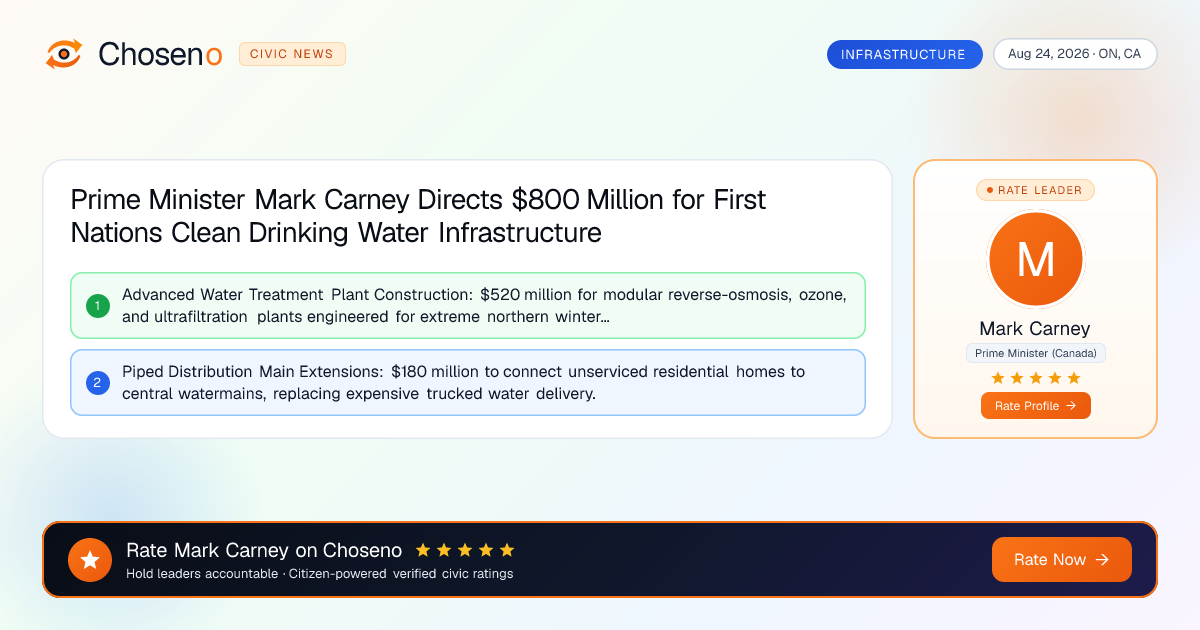 Prime Minister Mark Carney Directs $800 Million for First Nations Clean Drinking Water Infrastructure