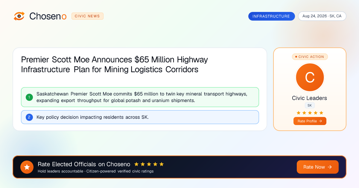Visual summary for Premier Scott Moe Announces $65 Million Highway Infrastructure Plan for Mining Logistics Corridors