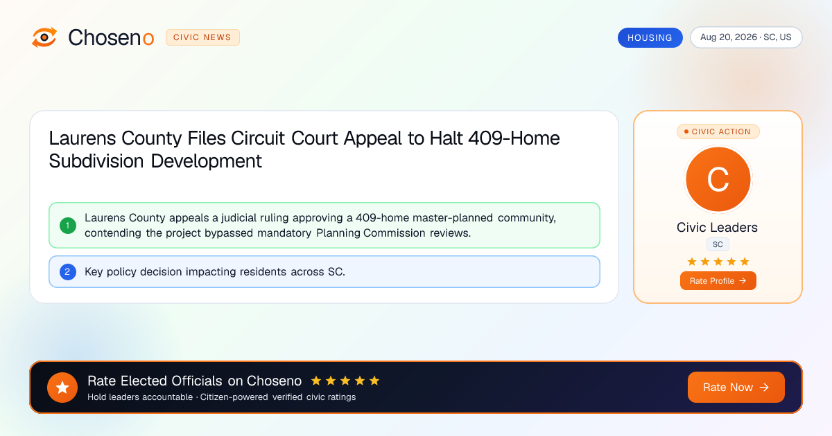 Laurens County Files Circuit Court Appeal to Halt 409-Home Subdivision Development