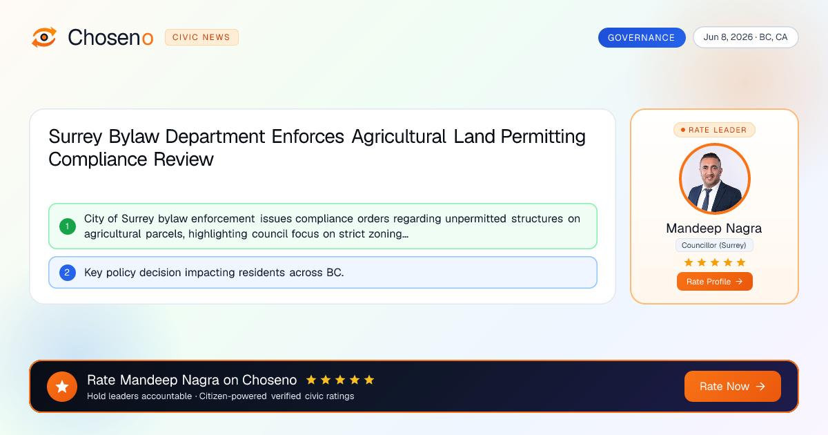 Visual summary for Surrey Bylaw Department Enforces Agricultural Land Permitting Compliance Review