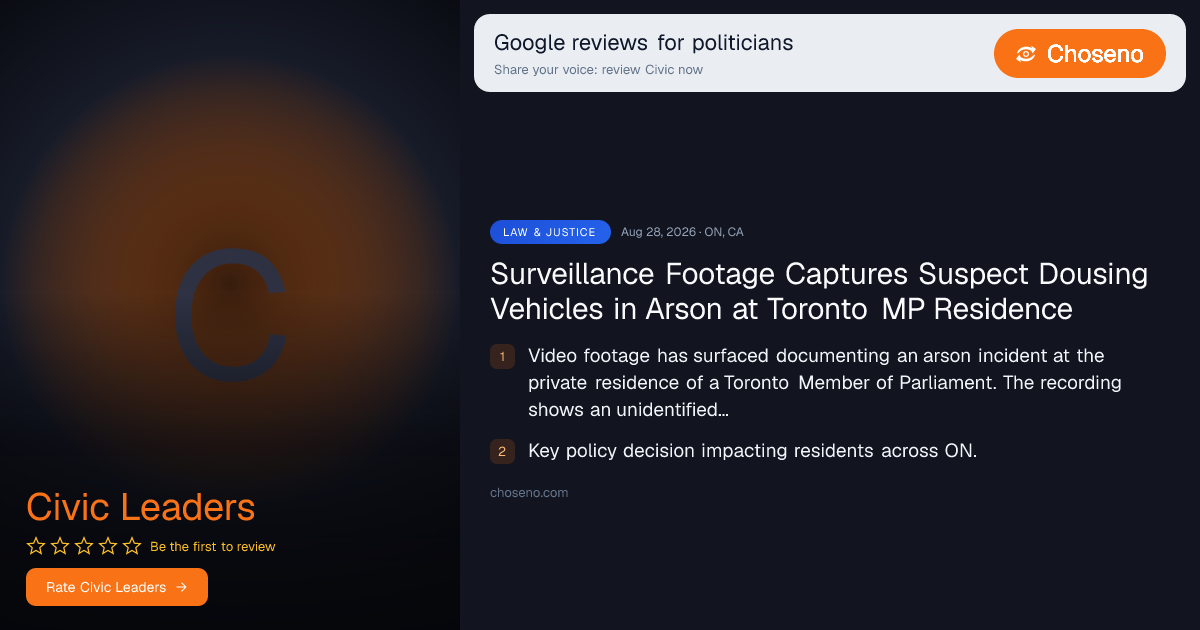 Visual summary for Surveillance Footage Captures Suspect Dousing Vehicles in Arson at Toronto MP Residence