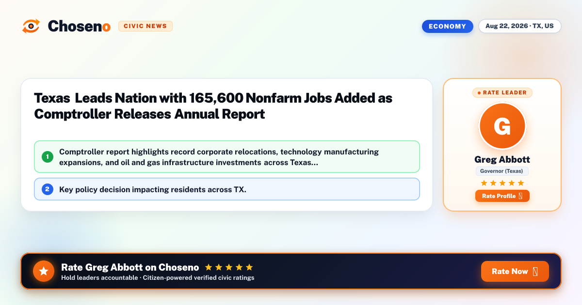 Texas Leads Nation with 165,600 Nonfarm Jobs Added as Comptroller Releases Annual Report